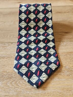 Tabasco Navy Tie with Red and Cream Logo Diamonds